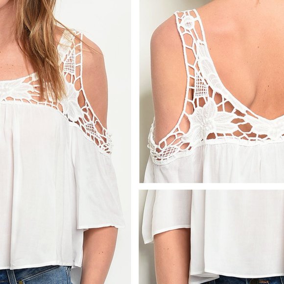Ivory White Crochet Lace Cold Shoulder Cropped Top - Picture 5 of 8